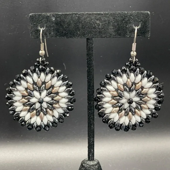 Czech Glass Bead Stitched Medallion Beaded Pierced Earrings - Picture 1 of 8